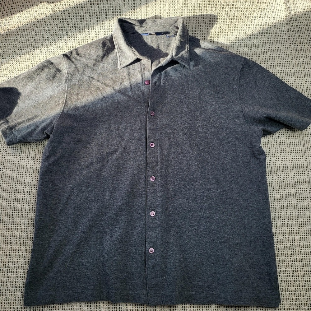 Brooks Shirt Mens Large Gray Stretch Jersey Short Sleeve Button Front Made USA‎